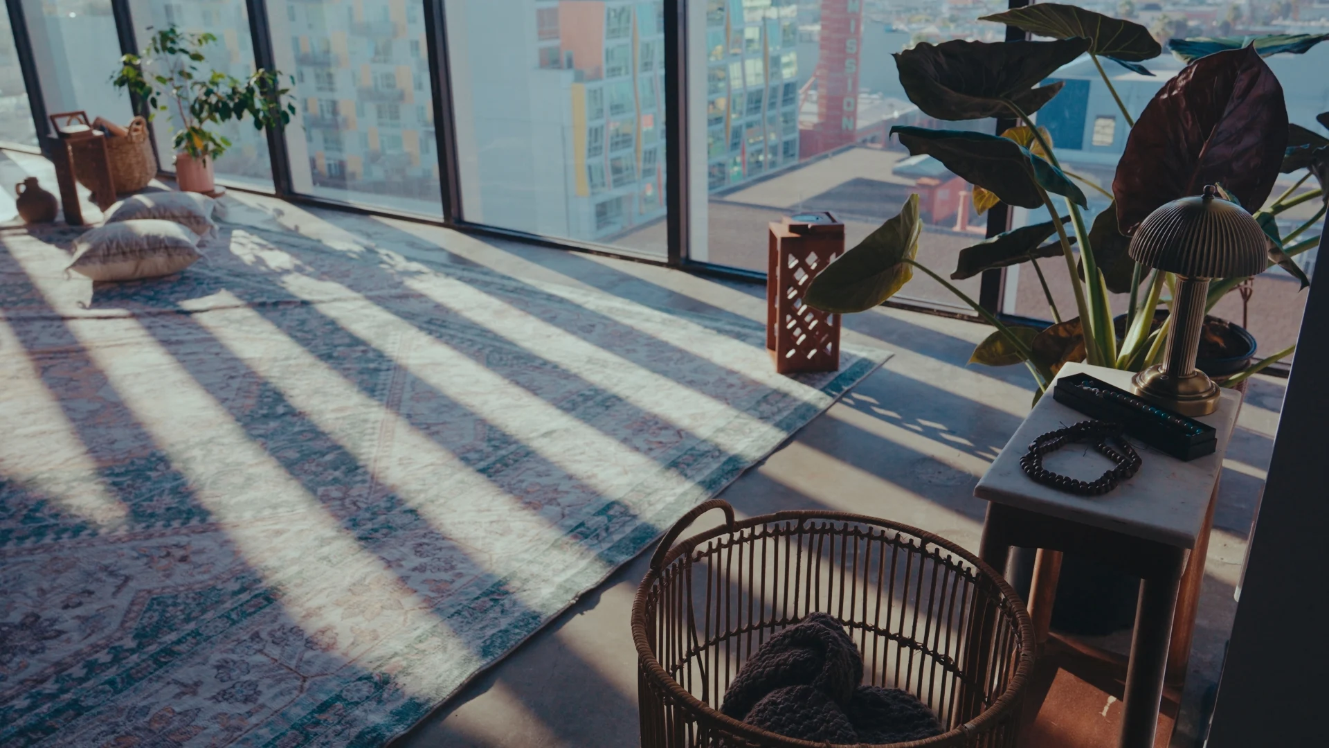 Sunlight falling across prayer rugs, cushions and plants beside the windows at Alif HQ
